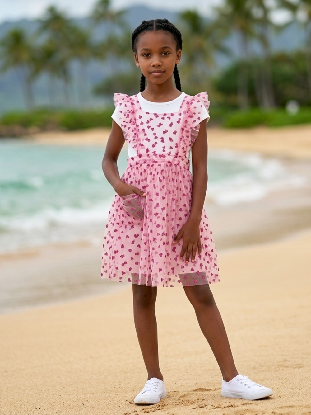 Girls' Pink Heart Print Ruffle Tulle Dress